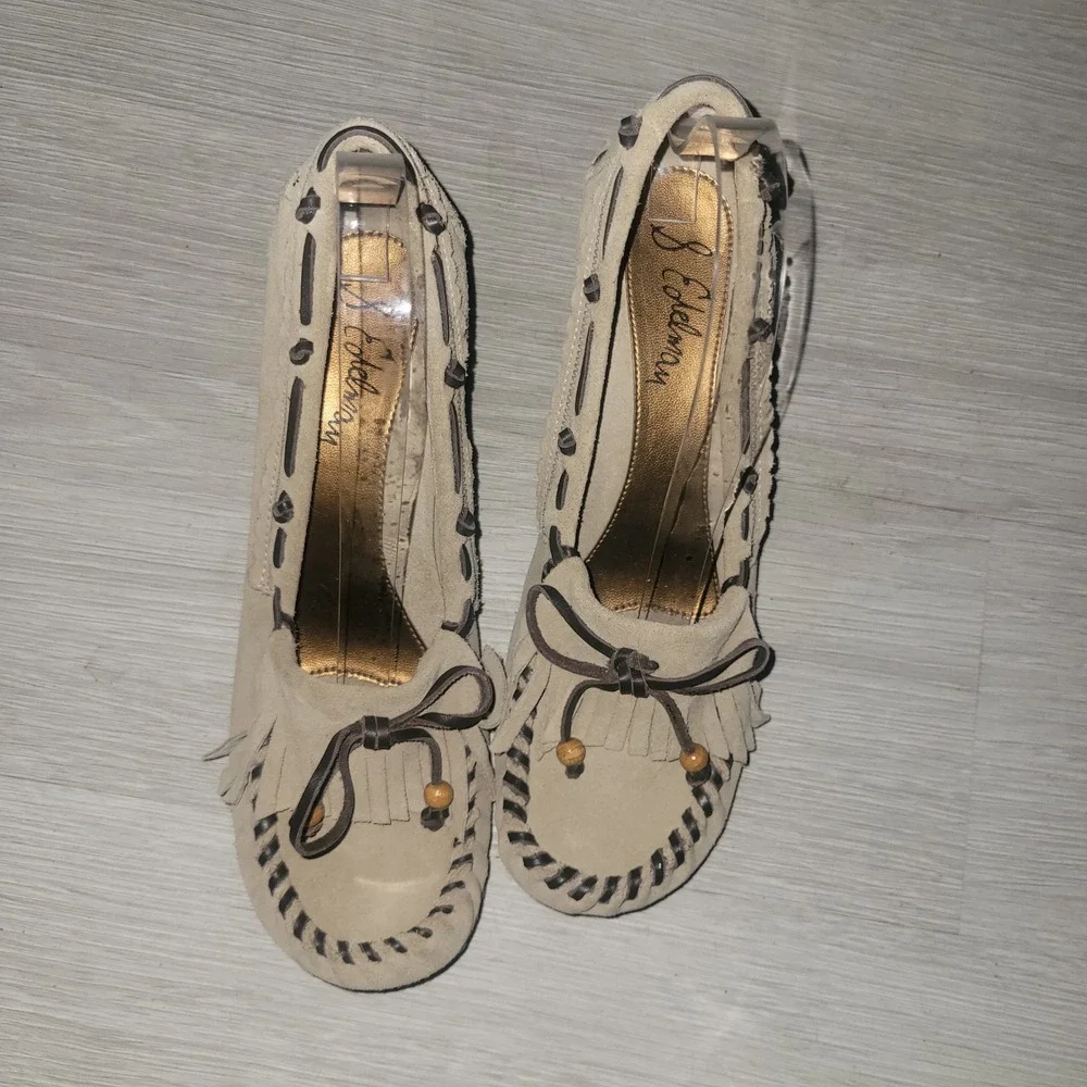 Sam Edelmann Tan Suede Fringe Wedge Moccasin Shoes 8M designer southwest western